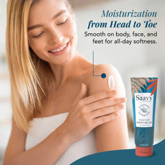 Saavy Naturals Tahitian Vanilla body cream texture appears thick and creamy for lasting moisture.