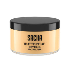 Sacha Buttercup Setting Powder bottle dispenses a light, translucent finish for oil control.