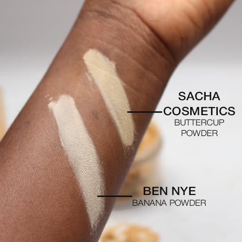 Sacha Buttercup Setting Powder on face shows matte finish reducing shine.