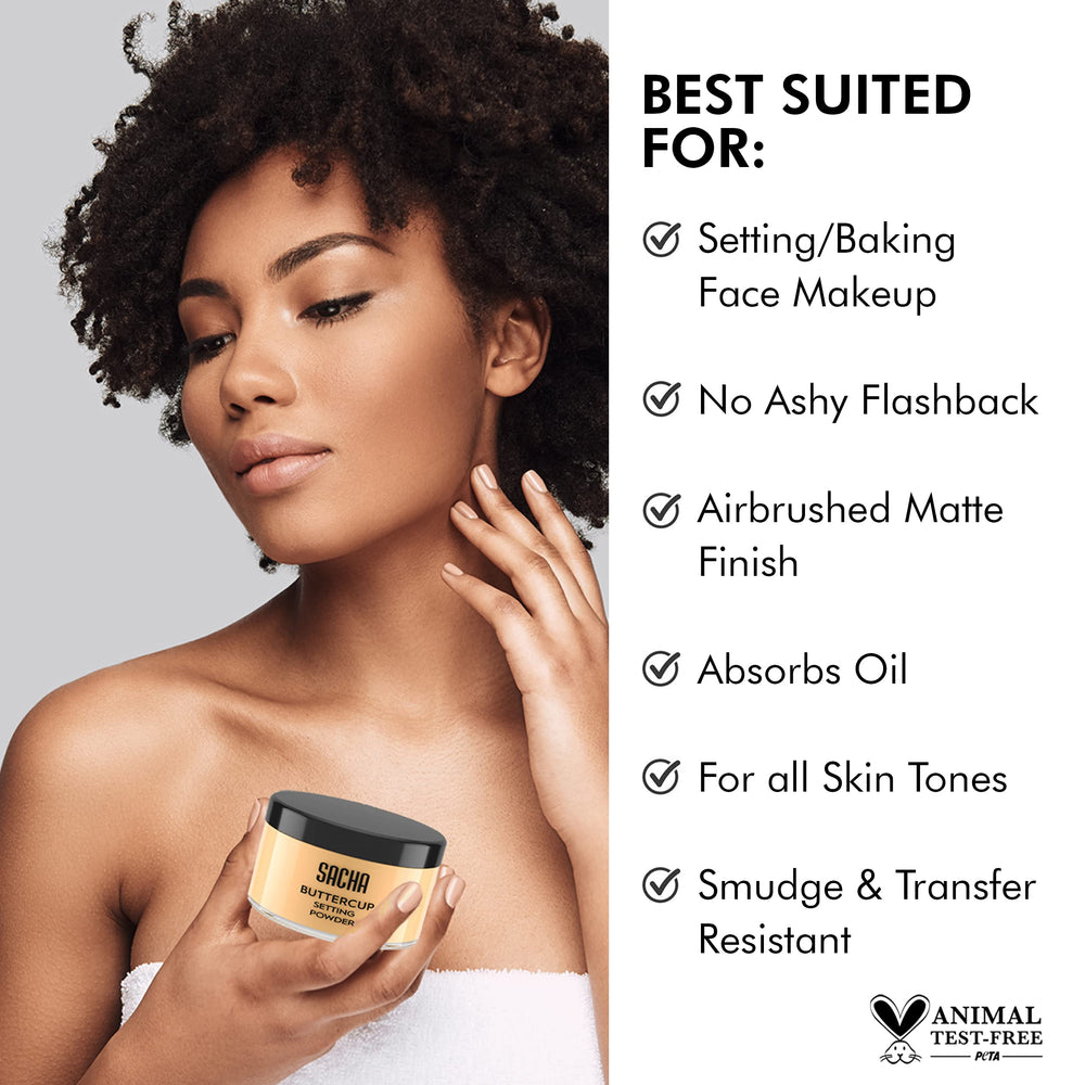 Sacha Buttercup Setting Powder Buttercup swatch demonstrates shade suitability for medium-deep tones.