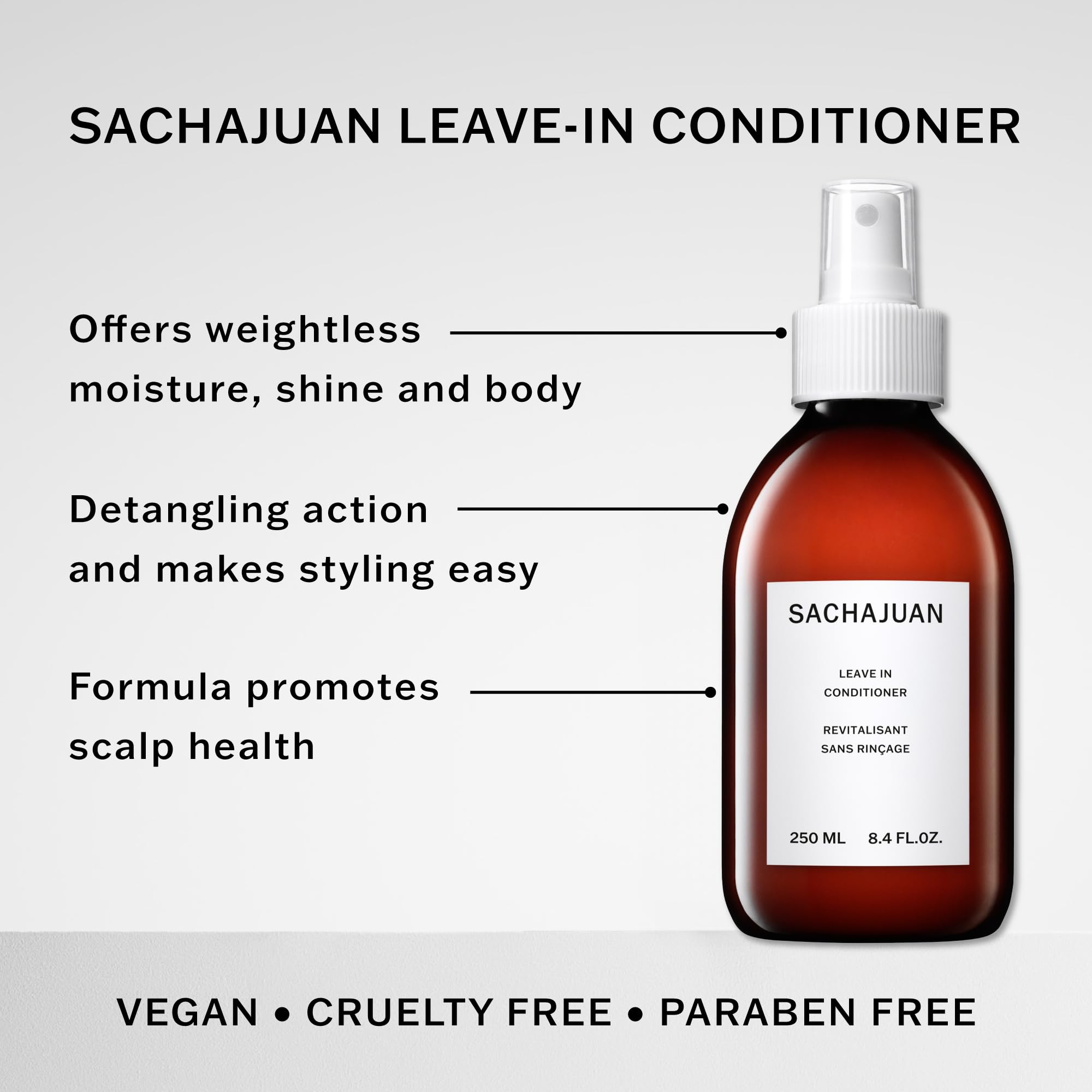 SACHAJUAN leave-in conditioner being sprayed onto towel-dried hair for easy detangling.