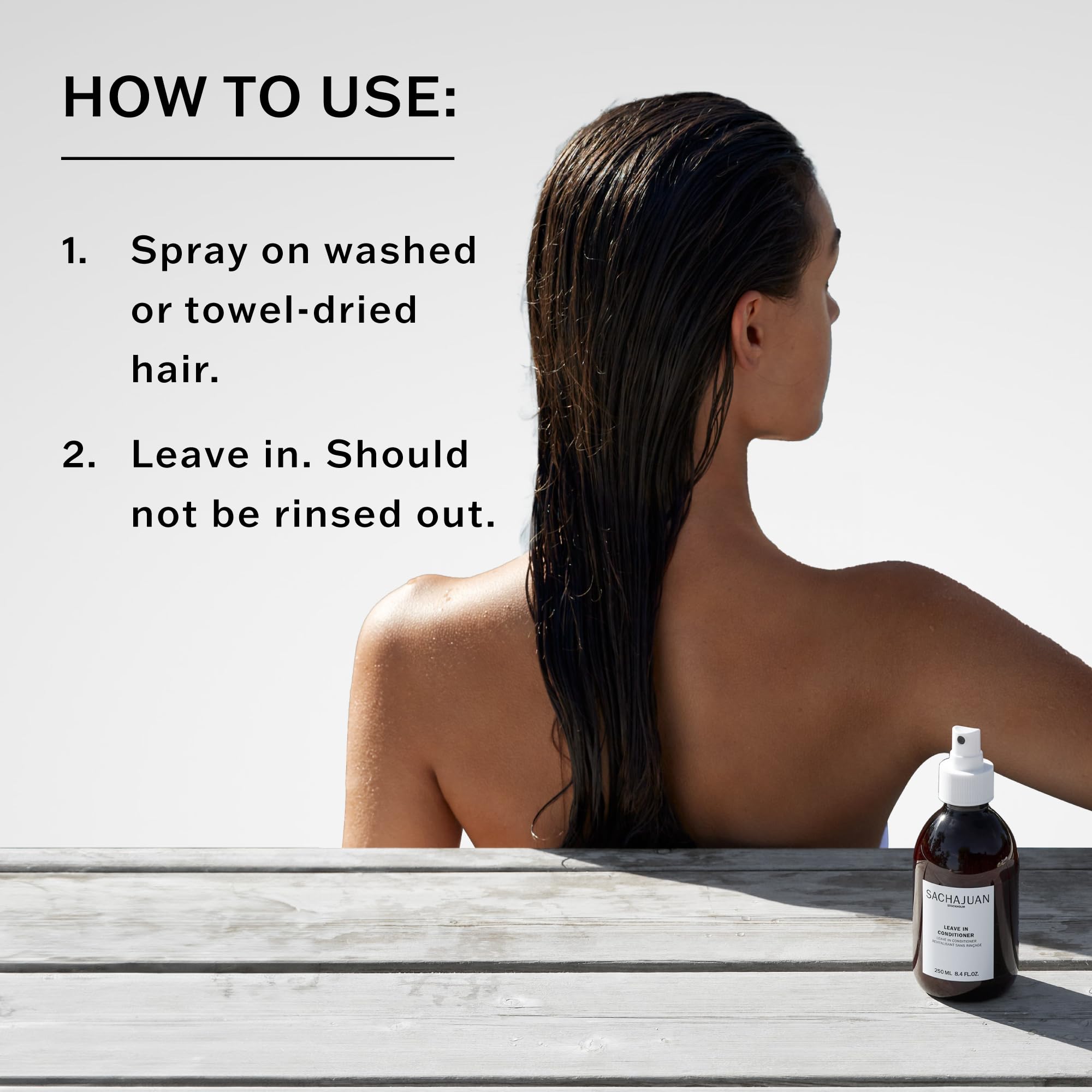 SACHAJUAN leave-in conditioner applied to towel-dried hair for smooth styling.