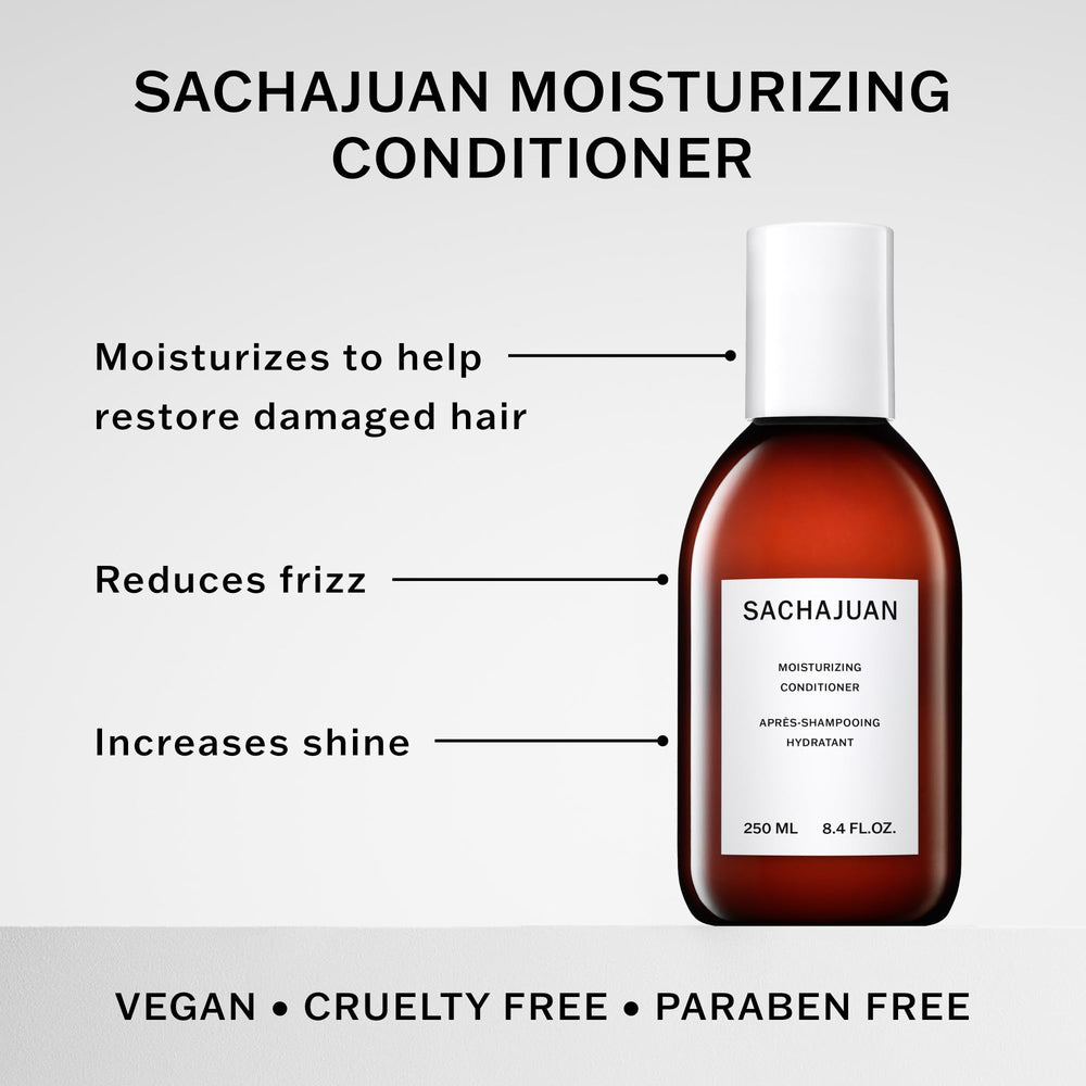 SACHAJUAN Moisturizing Conditioner label close-up highlighting nourishing ingredients for dry hair.