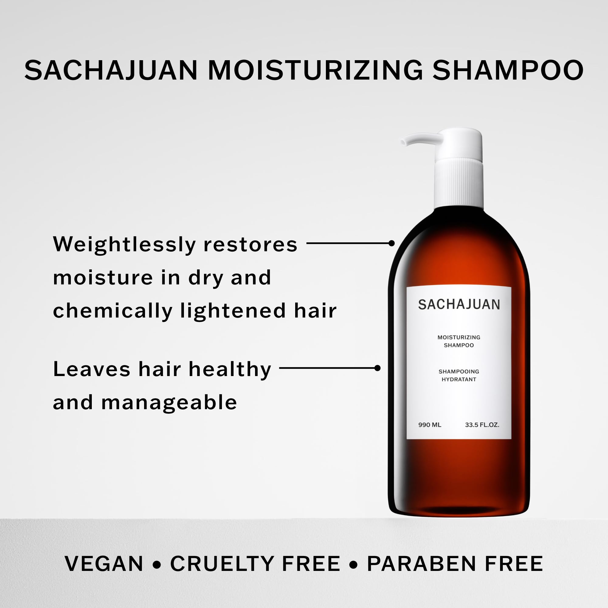 SACHAJUAN Moisturizing Shampoo label closeup emphasizes Ocean Silk Technology and paraben-free benefits