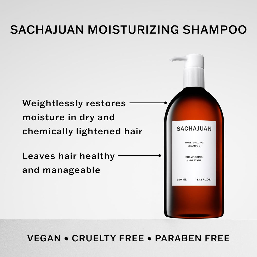 SACHAJUAN Moisturizing Shampoo label closeup emphasizes Ocean Silk Technology and paraben-free benefits