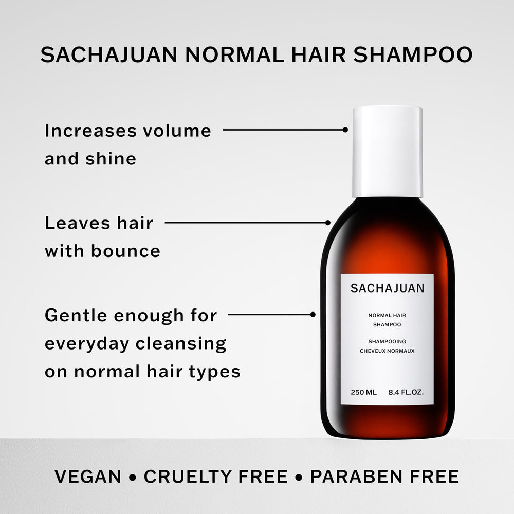 SACHAJUAN Normal Shampoo packaging Sweden highlights vegan, gluten-free formula.