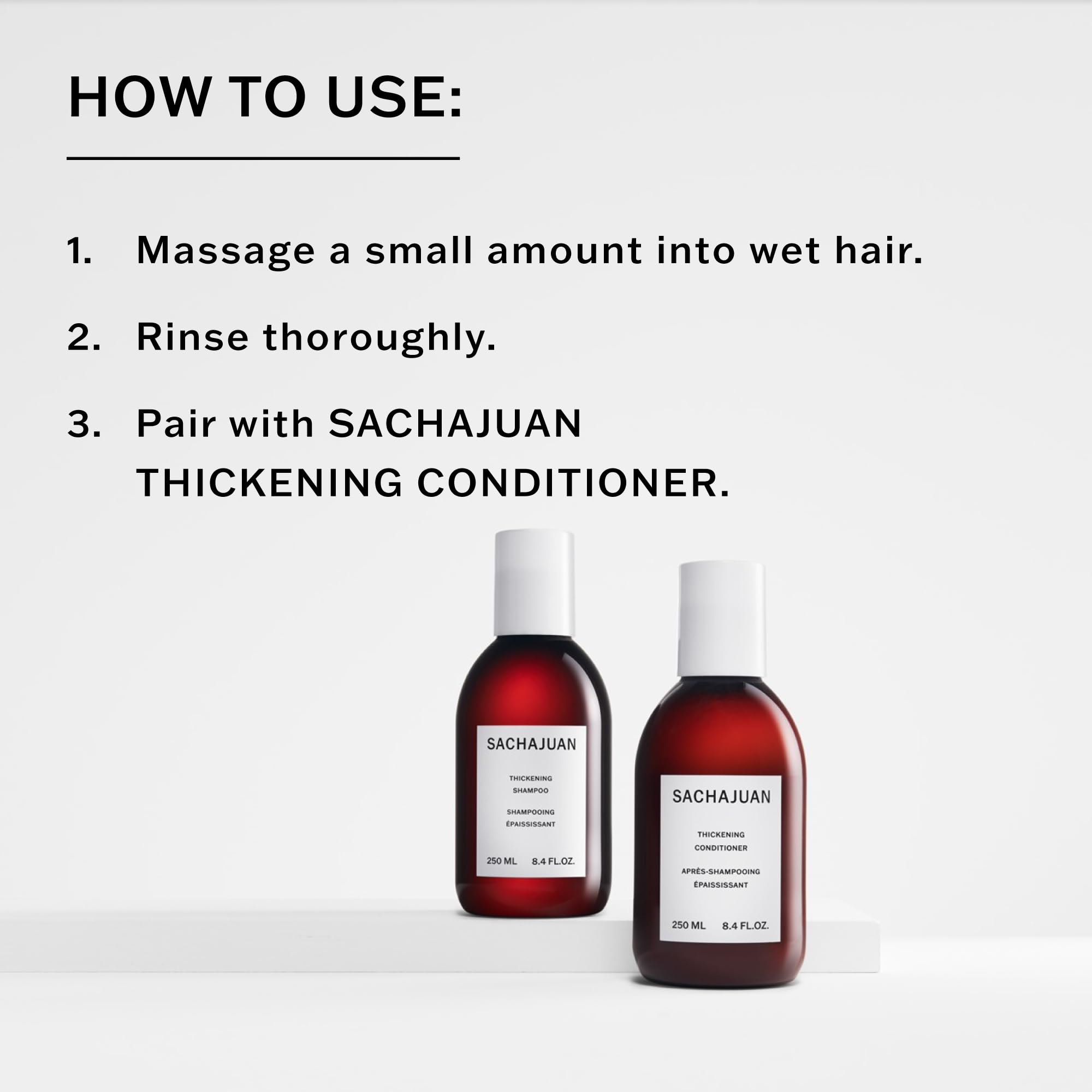 SACHAJUAN Thickening Shampoo closeup label highlights vegan, silicone-free, cruelty-free formula.