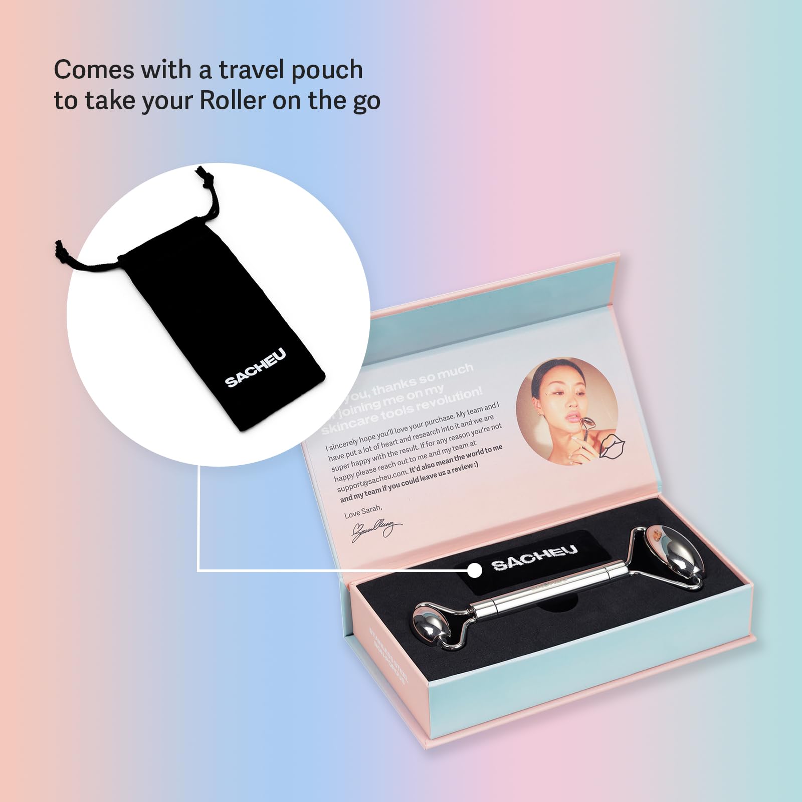 Sacheu Gua Sha face roller in hand during nighttime skincare ritual.