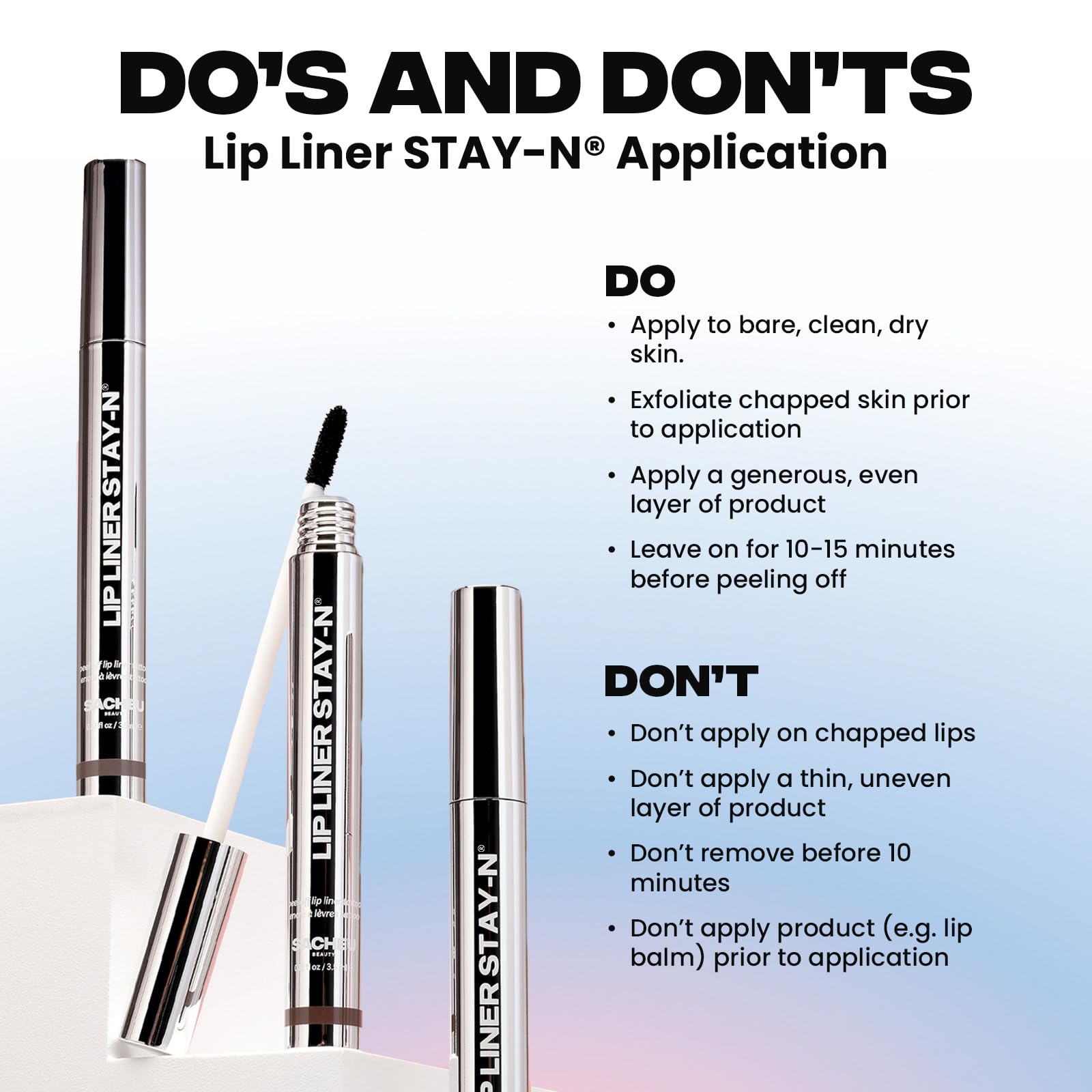 Sacheu Lip Liner STAY-N packaging and step-by-step peel-off stain removal.