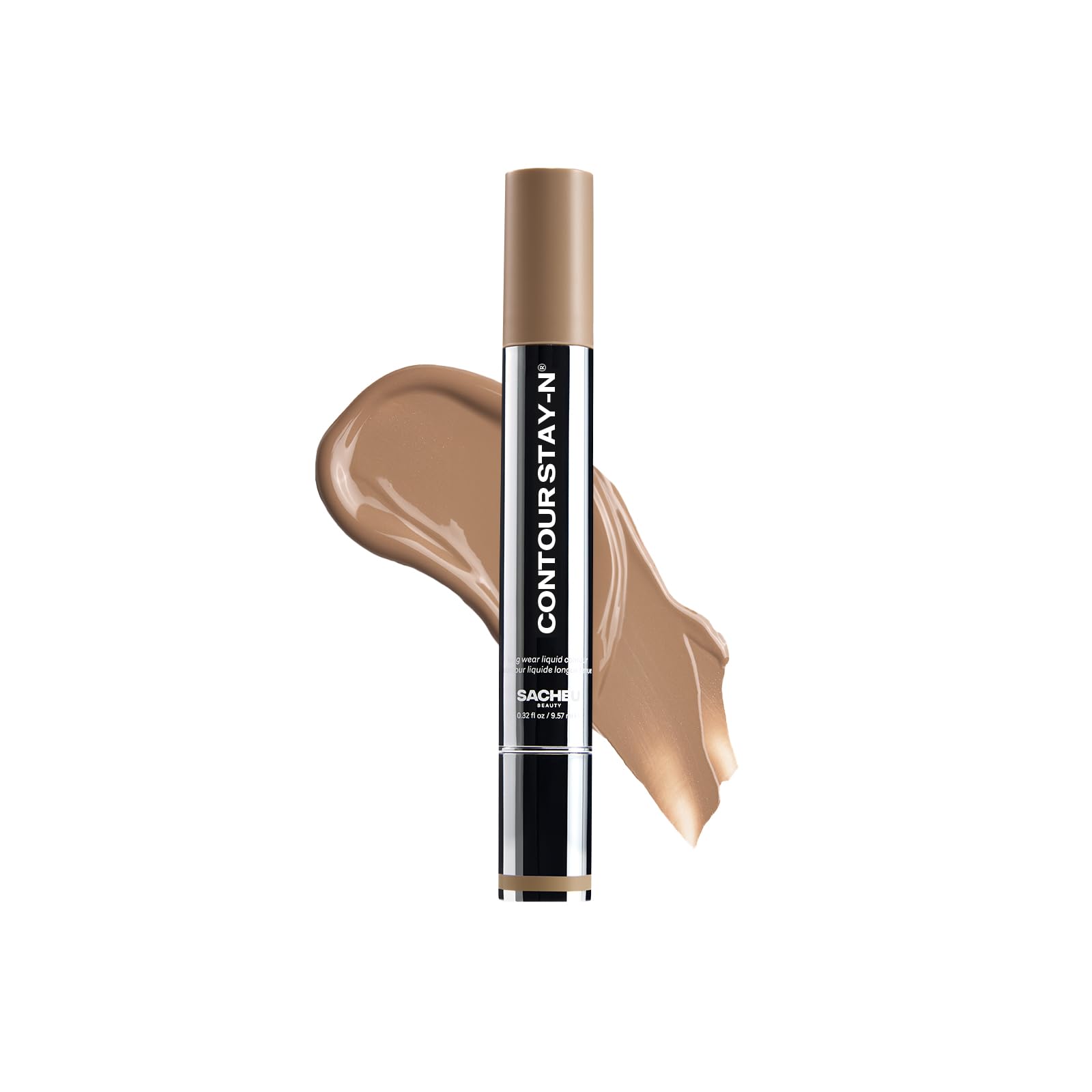 Sacheu Liquid Contour Stay-N bottle with applicator, ideal for precise on-the-go contour.