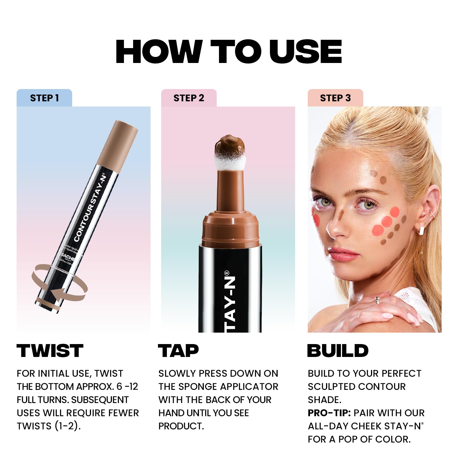 Sacheu Contour Stay-N swatches on skin illustrate depth and subtle definition.