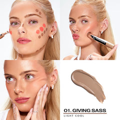 Sacheu Stay-N swatch on cheek demonstrates buildable contour with satin finish.