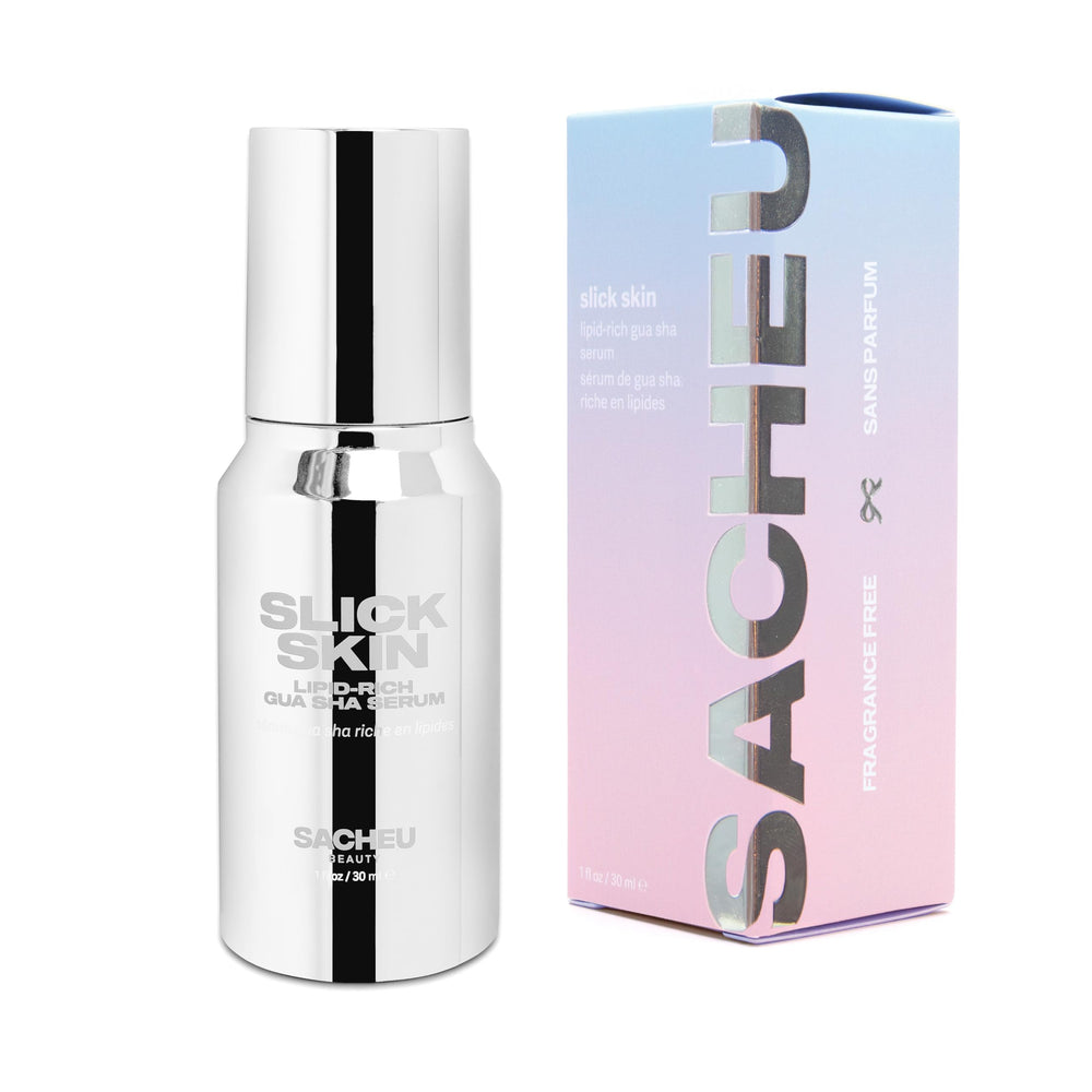 Sacheu Slick Skin oil bottle pouring for gua sha use and slip