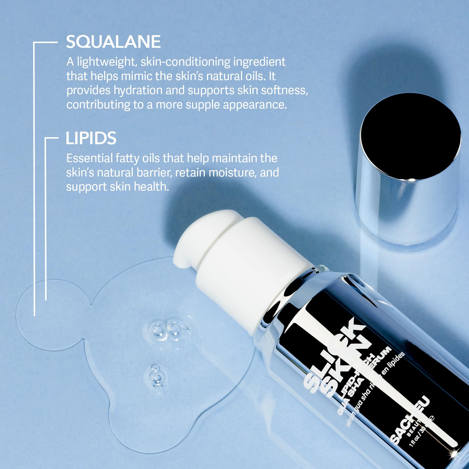 Sacheu Slick Skin oil and packaging closeup highlighting vegan formula