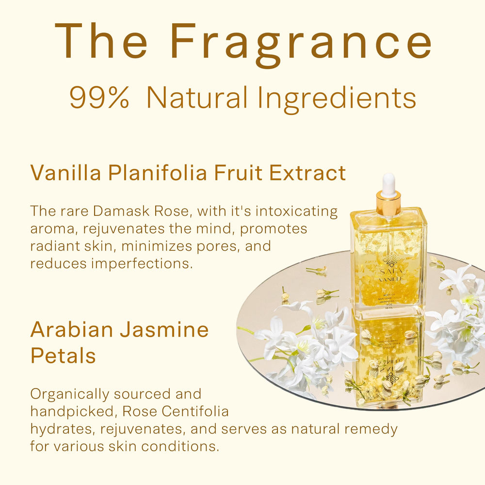 SAFA Vanillé Oil ingredients spread highlighting almond, apricot, argan oils nourishing skin.