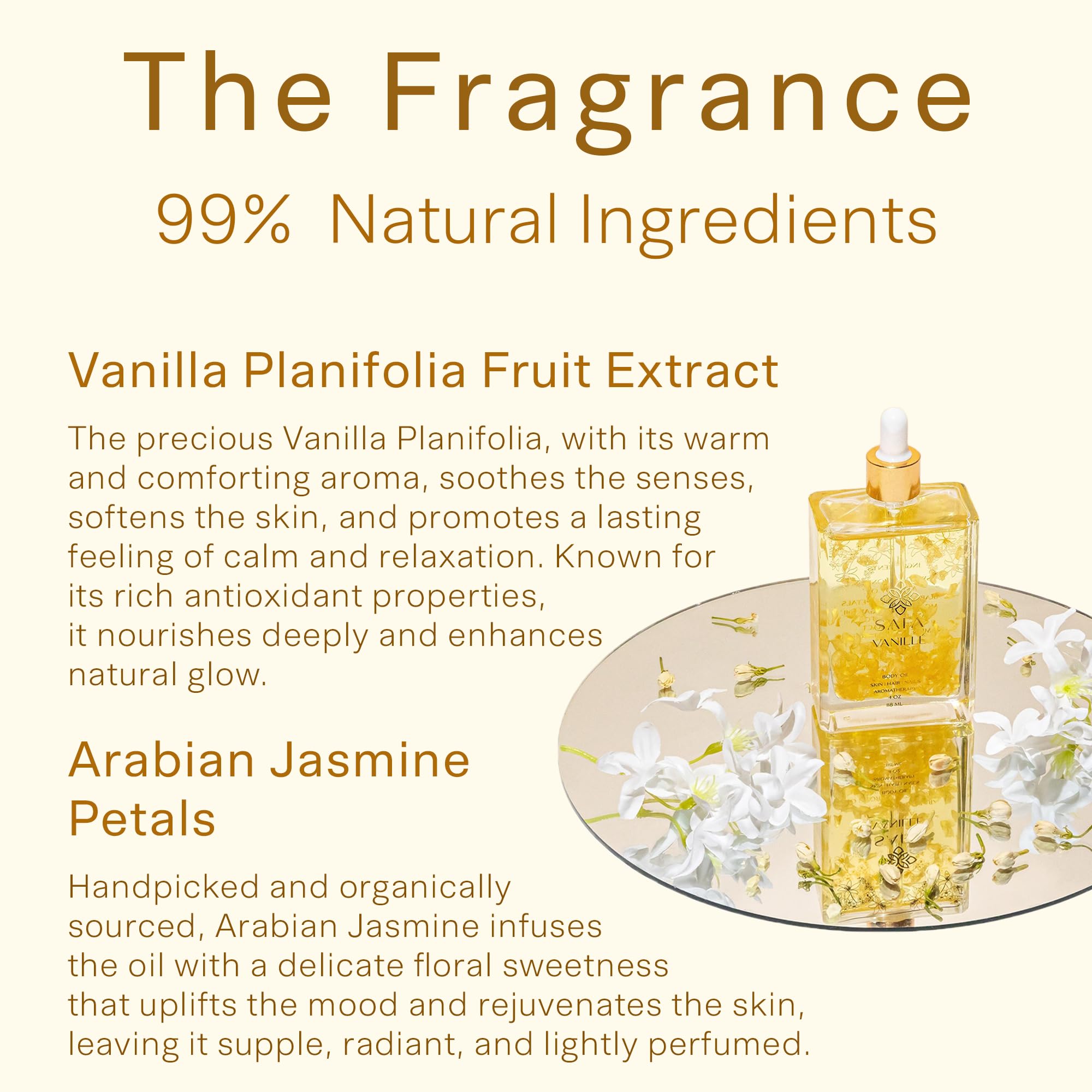 SAFA Vanillé Oil jasmine petals close-up showing calming floral infusion for senses.