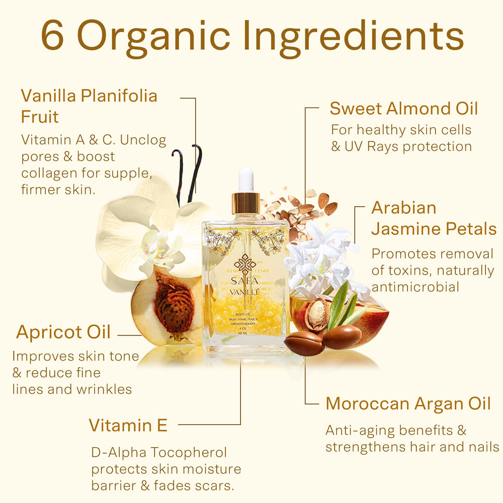 SAFA Vanillé Oil texture swirl demonstrating rich, non-greasy skin absorption.