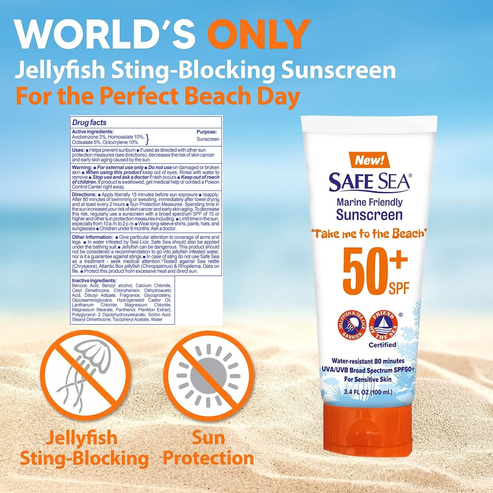 SAFE SEA SPF50+ waterproof sunscreen on skin for long-lasting protection.
