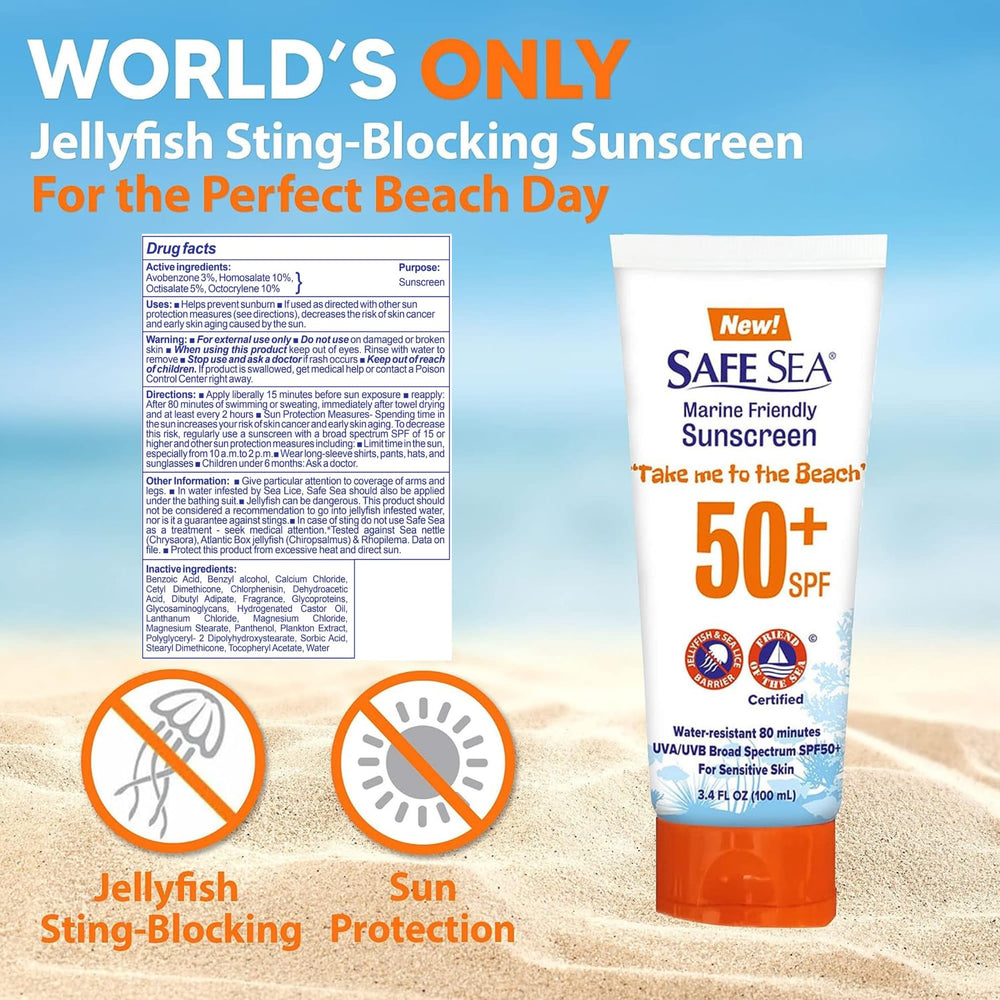 SAFE SEA SPF50+ waterproof sunscreen on skin for long-lasting protection.