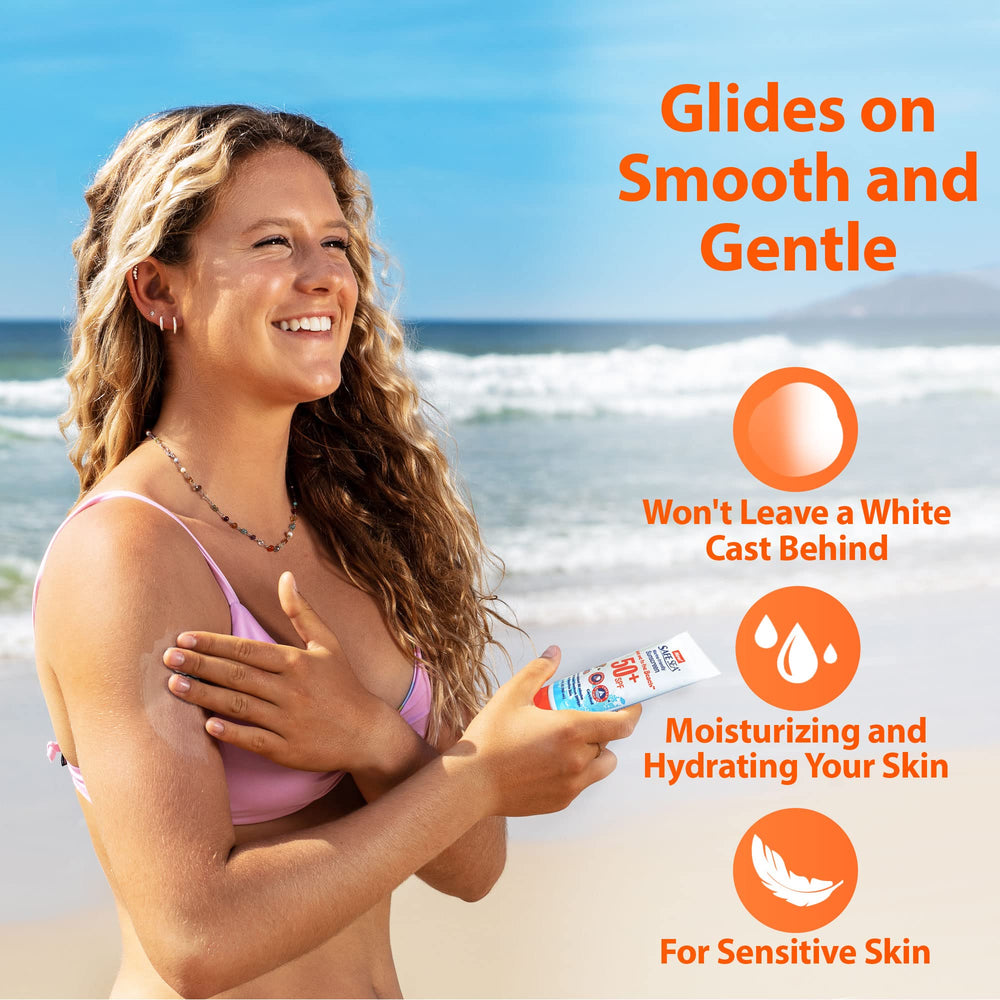 SAFE SEA travel-size 3.4oz sunscreen tube ready for trips and excursions.