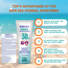 Safe Sea sunscreen being applied to skin for clear, even coverage