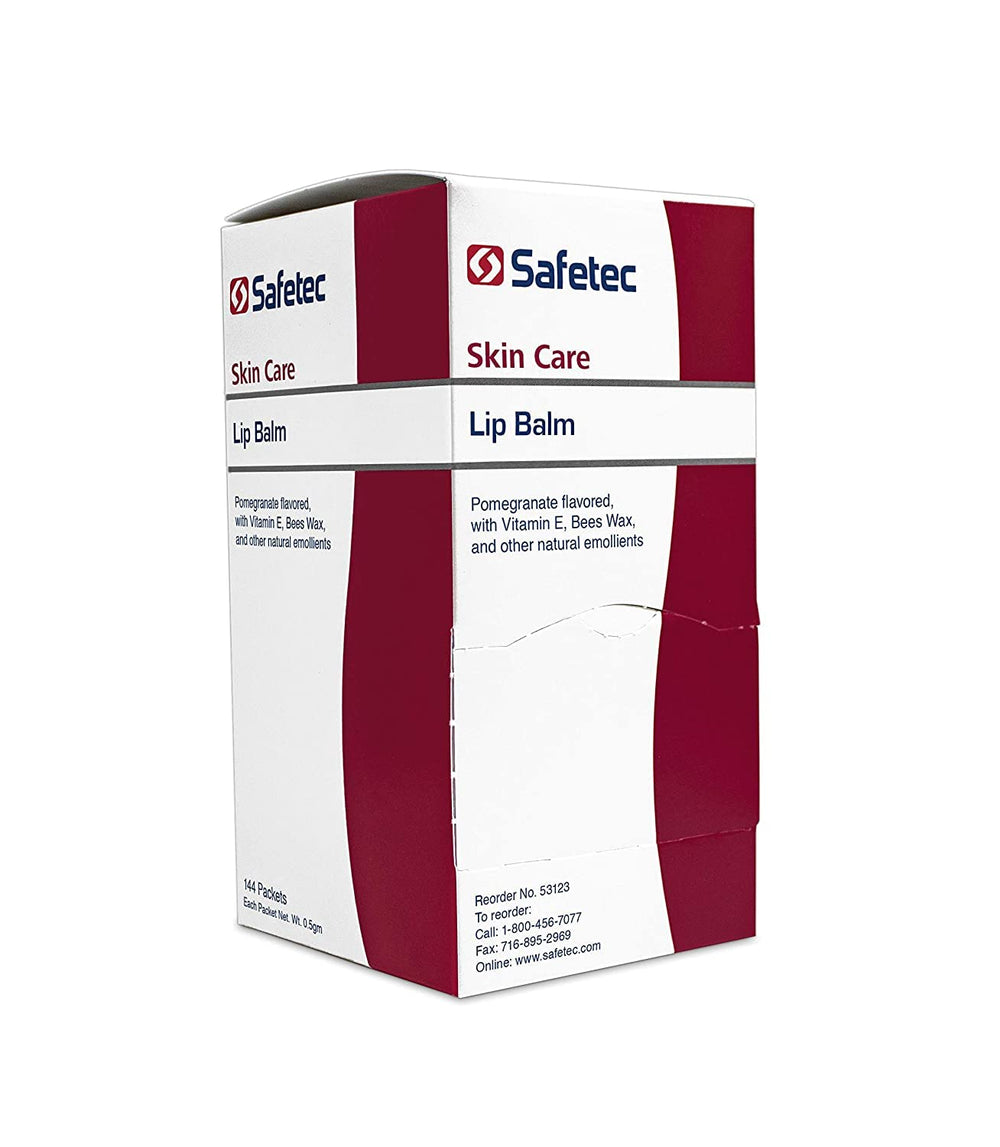 Safetec Lip Balm Pomegranate application swipe demonstrates easy, mess-free lip hydration.