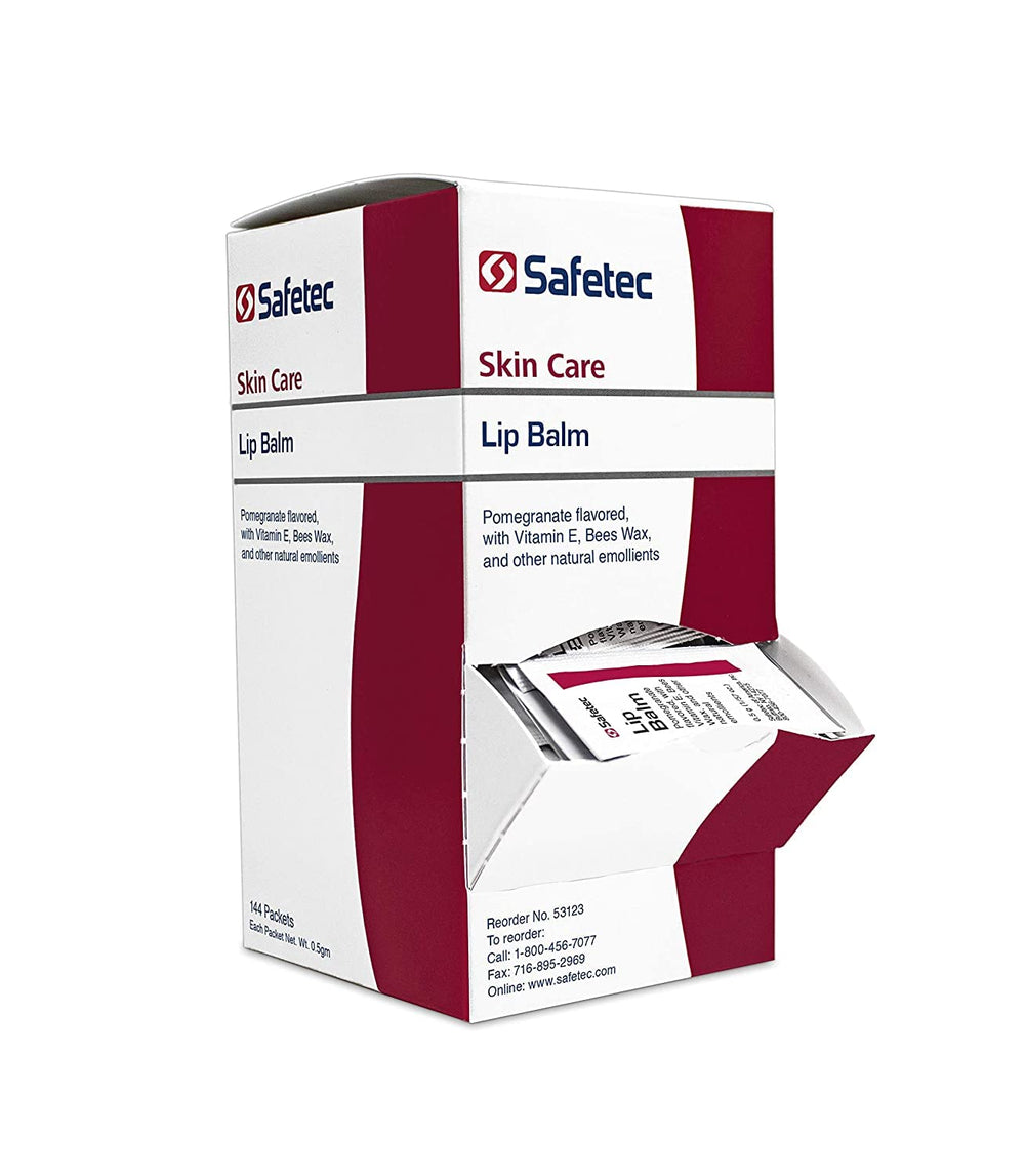 Safetec Lip Balm Pomegranate jar closeup showing moisture-locking formula for soft lips.