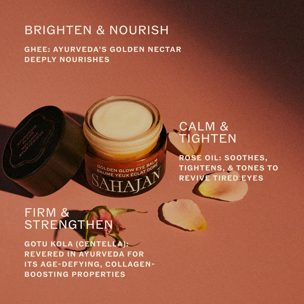 Sahajan Golden Glow Eye Balm jar closeup highlights silky texture and moisture.