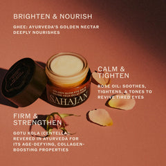 Sahajan Golden Glow Eye Balm jar closeup highlights silky texture and moisture.