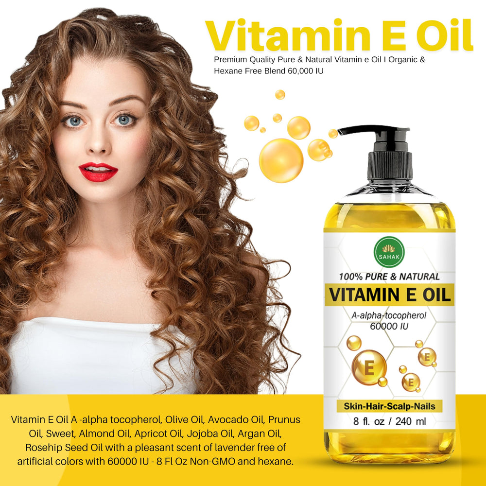 SAHAK Vitamin E Oil ingredients page highlights natural almond, jojoba, avocado