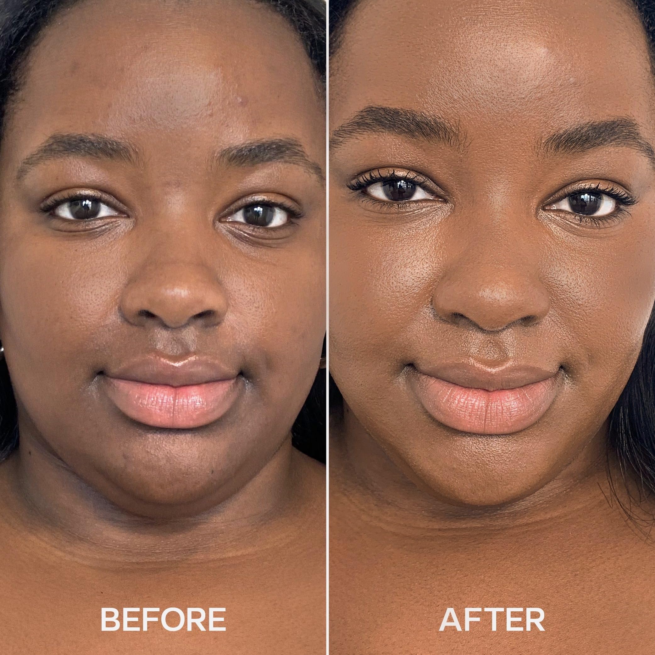 Saie before and after under-eye comparison demonstrating brighter, even-looking skin