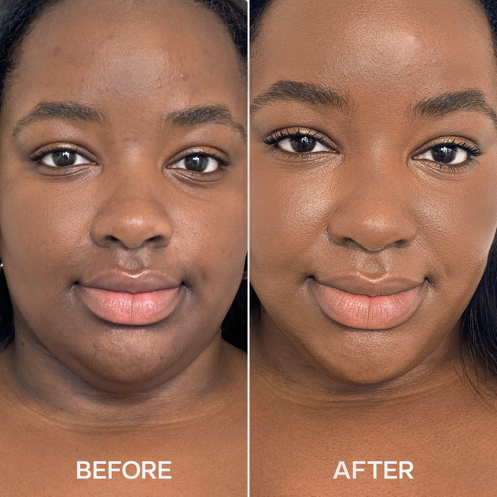 Saie before and after under-eye comparison demonstrating brighter, even-looking skin