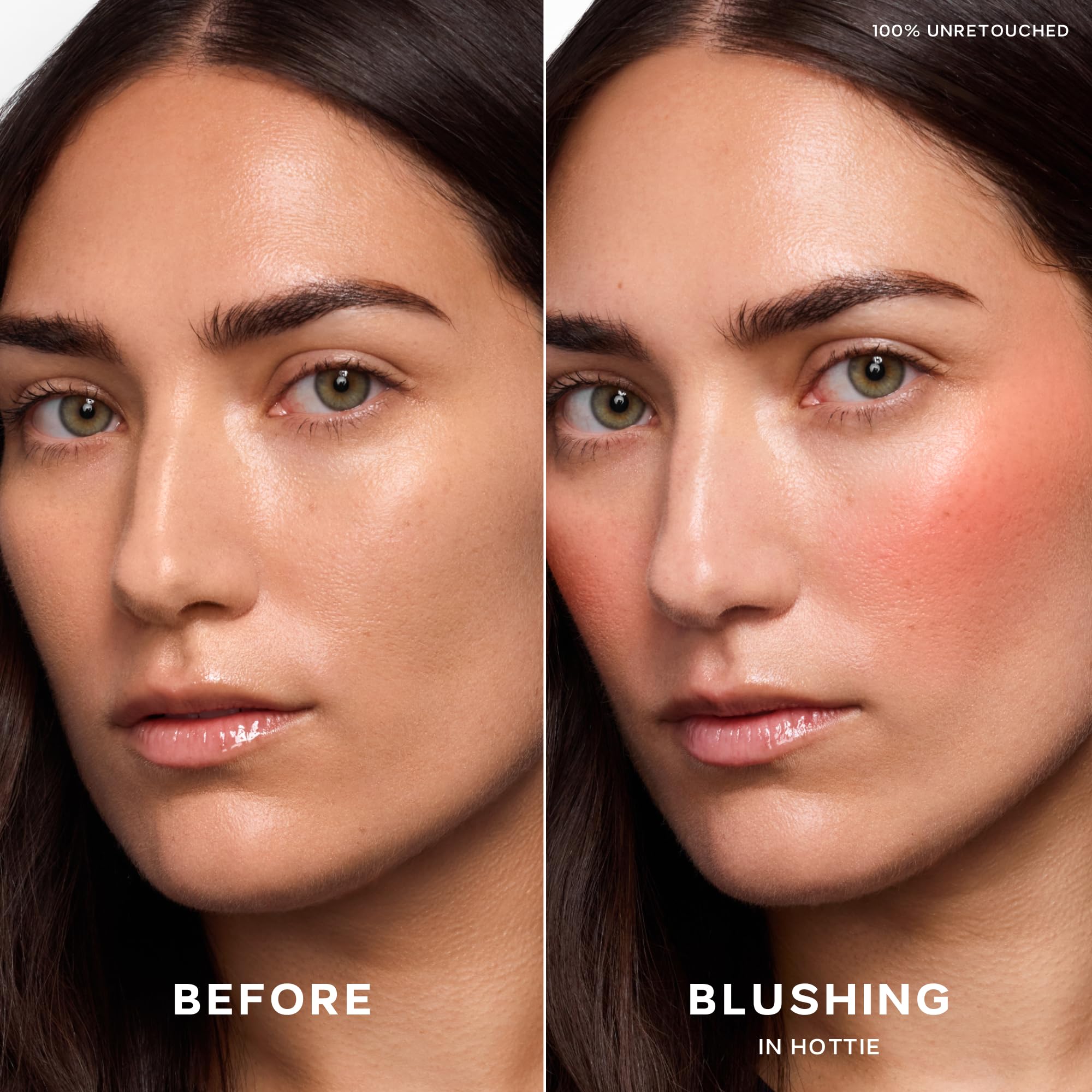 Saie Dew Liquid Blush swatch texture on skin showing blendable, dewy finish