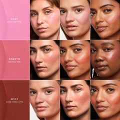 Saie Dew Liquid Blush swatches on arm showing Baby Sweetie Spicy for shade selection help