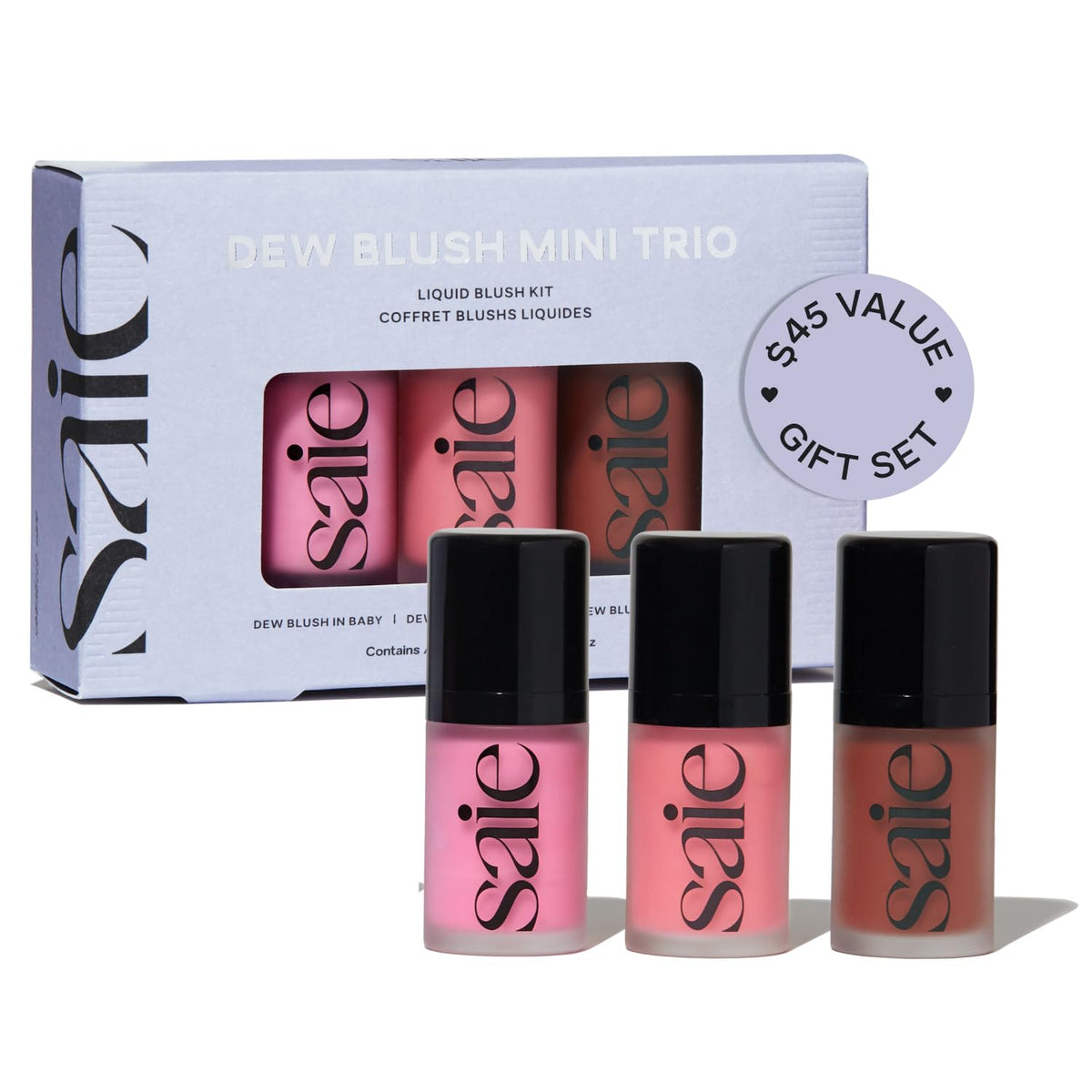 Saie Dew Liquid Blush trio front packaging showing three hydrating sticks and benefits