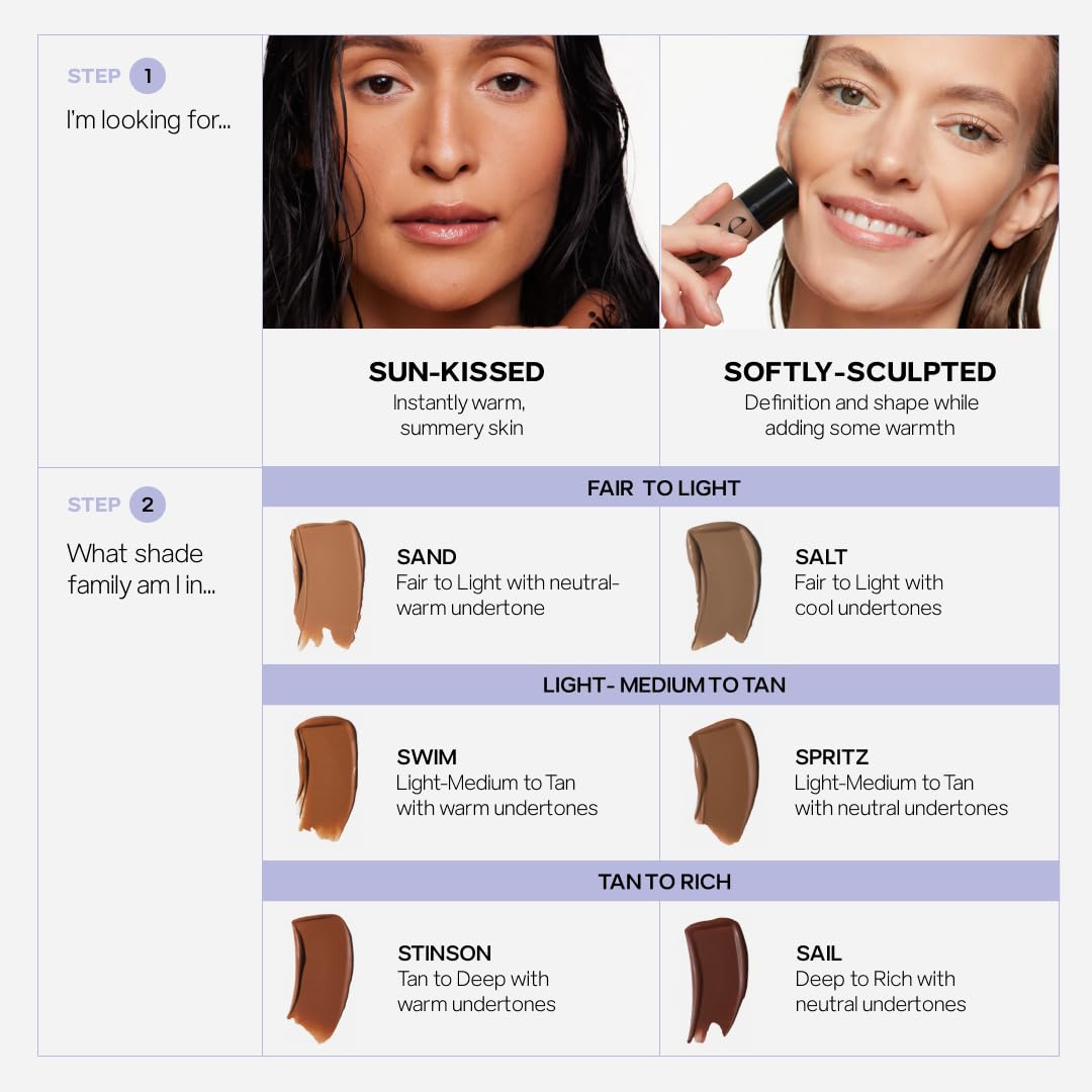 Saie Dew Bronze ingredient layout with glycerin and licorice root, brand emphasizes skincare benefits