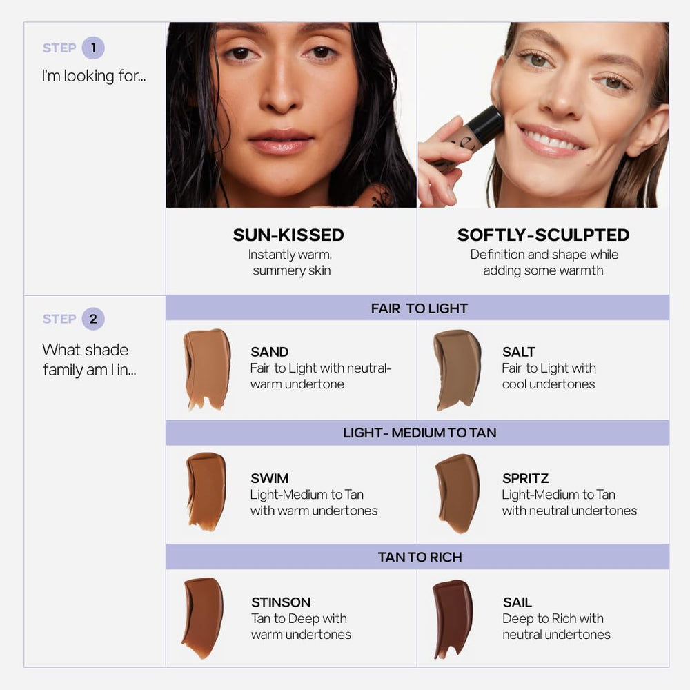 Saie Dew Bronze ingredient layout with glycerin and licorice root, brand emphasizes skincare benefits