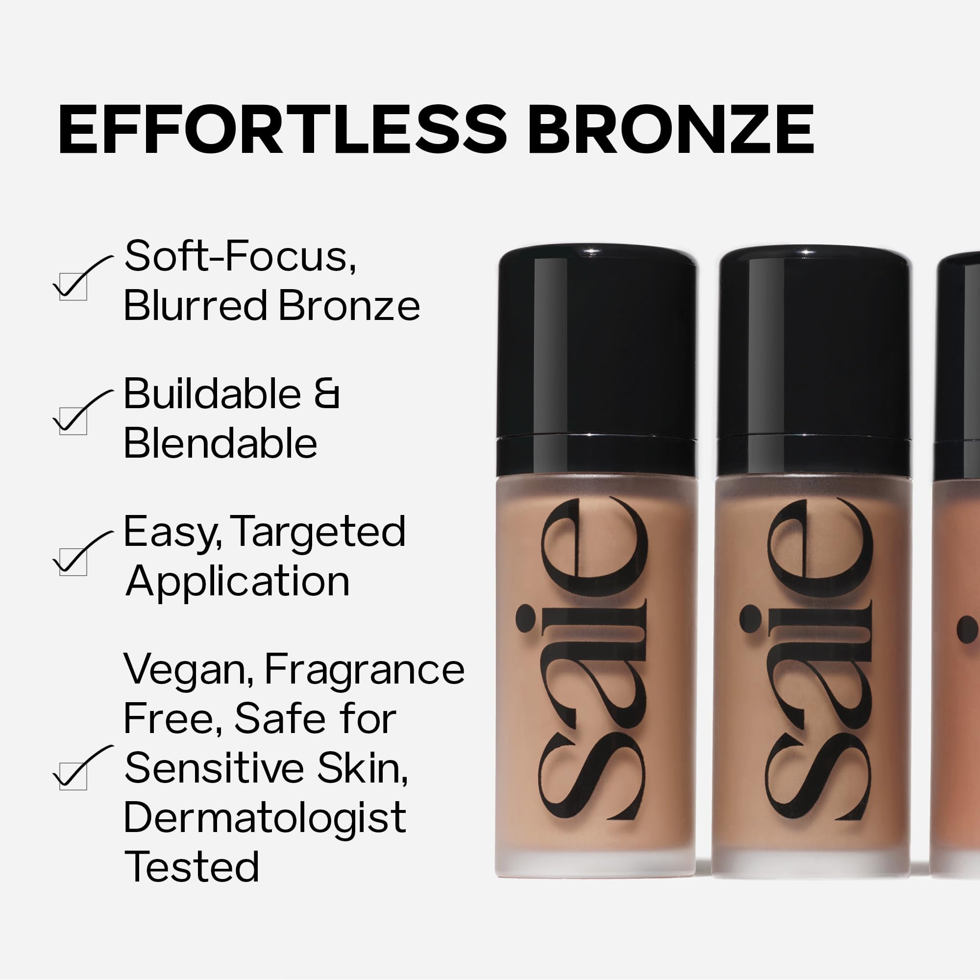 Saie Dew Bronze six shade swatches on arm, brand offers color range for matching undertones