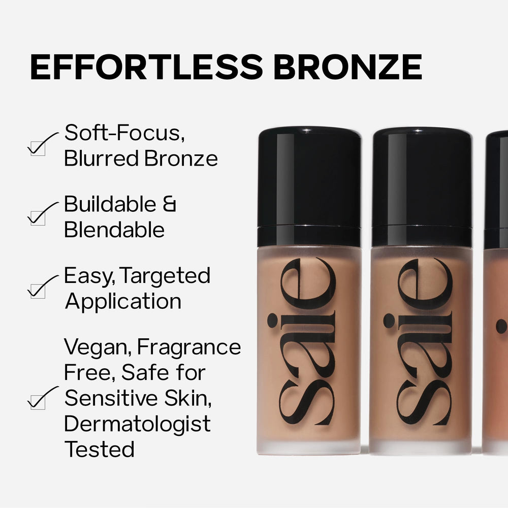 Saie Dew Bronze six shade swatches on arm, brand offers color range for matching undertones
