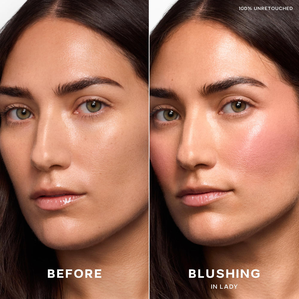 Saie Dew blush blended on cheeks creates seamless lit-from-within glow