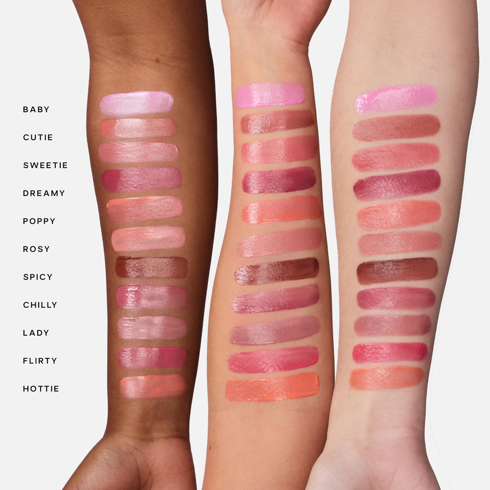 Saie Dew Liquid Blush buildable color swatch on skin.
