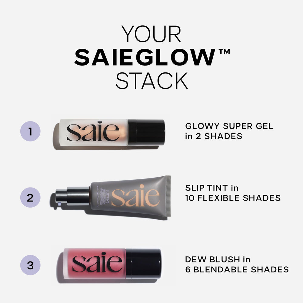 Saie Dew Liquid Blush cream texture appears smooth and non-streaky for easy blending.