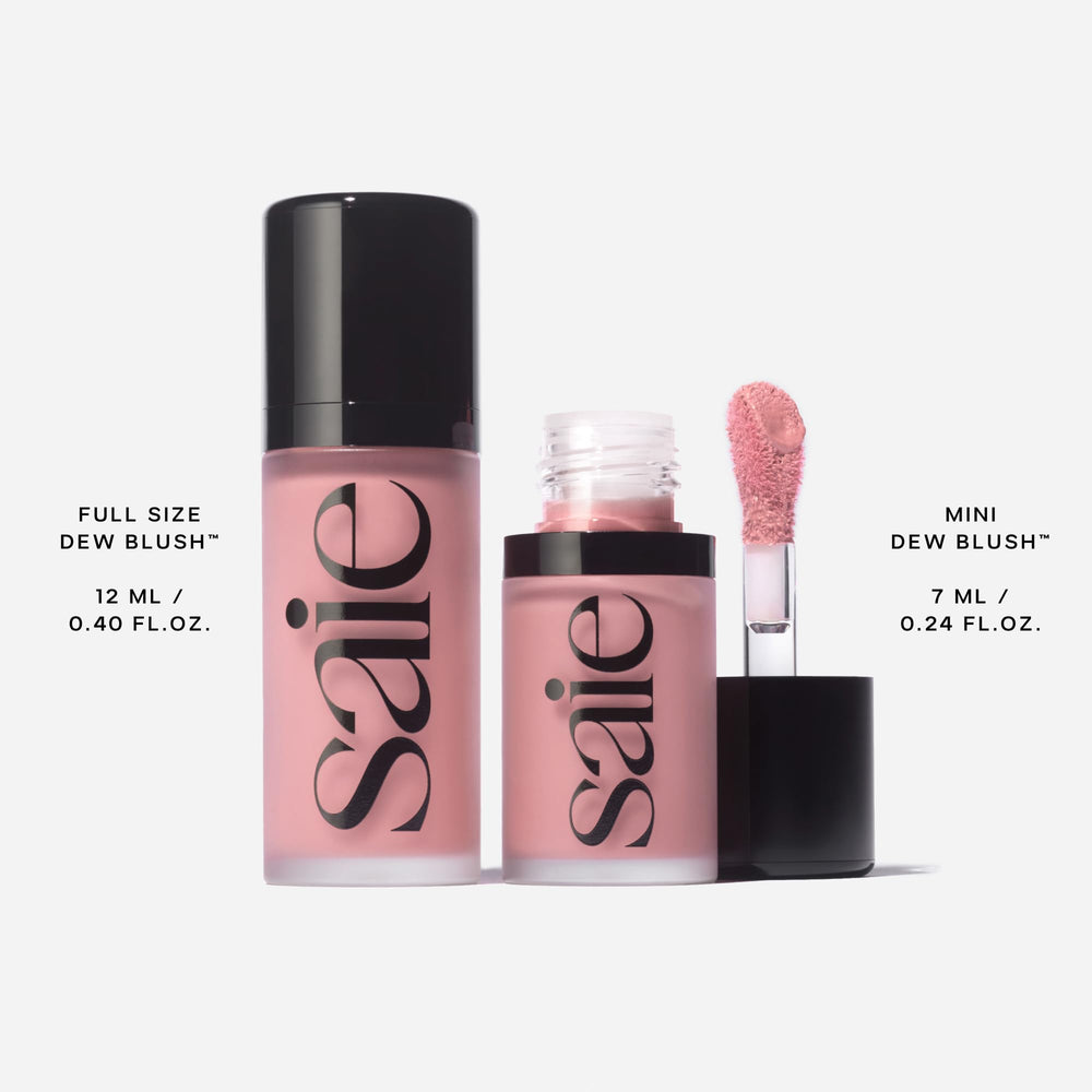 Saie product flatlay in makeup bag conveying on-the-go touch-up convenience
