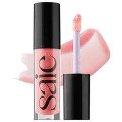 Saie Glossybounce bottle closeup showing hydrating shine for daily wear