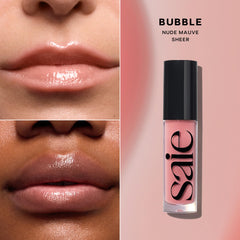 Saie Glossybounce close-up texture showing glossy, non-sticky finish and cushiony formula