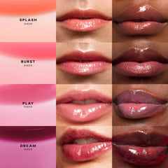 Saie Glossybounce swatches on arm showing sheer Bubble tint and buildable shine