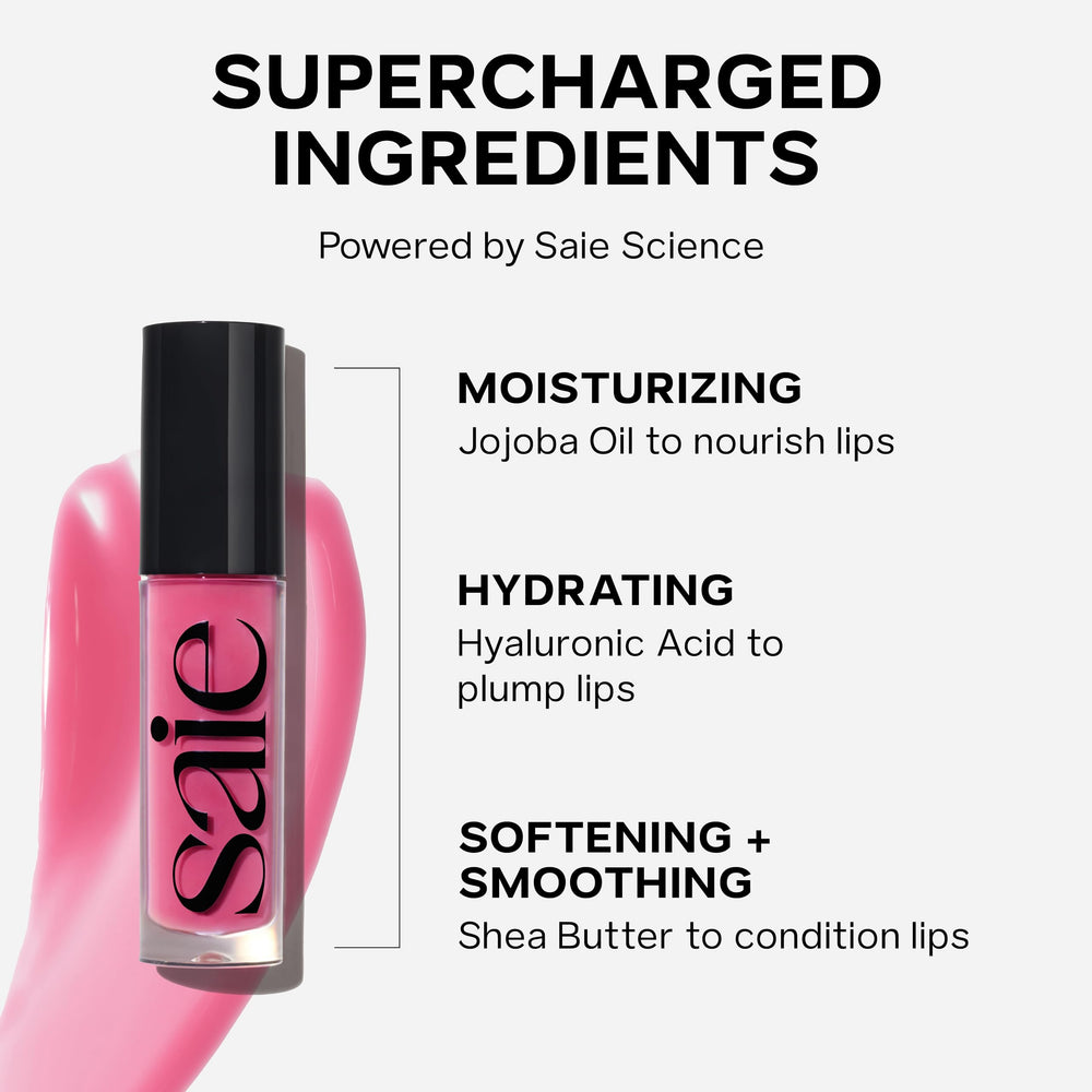 Saie Glossybounce Dream applied on lips in studio, delivers non-sticky glossy plump look