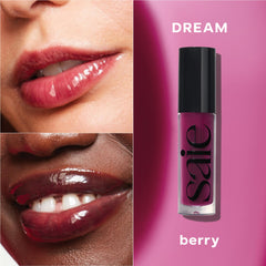 Saie Glossybounce Dream texture close-up showing glossy cushiony finish, hydrates lips
