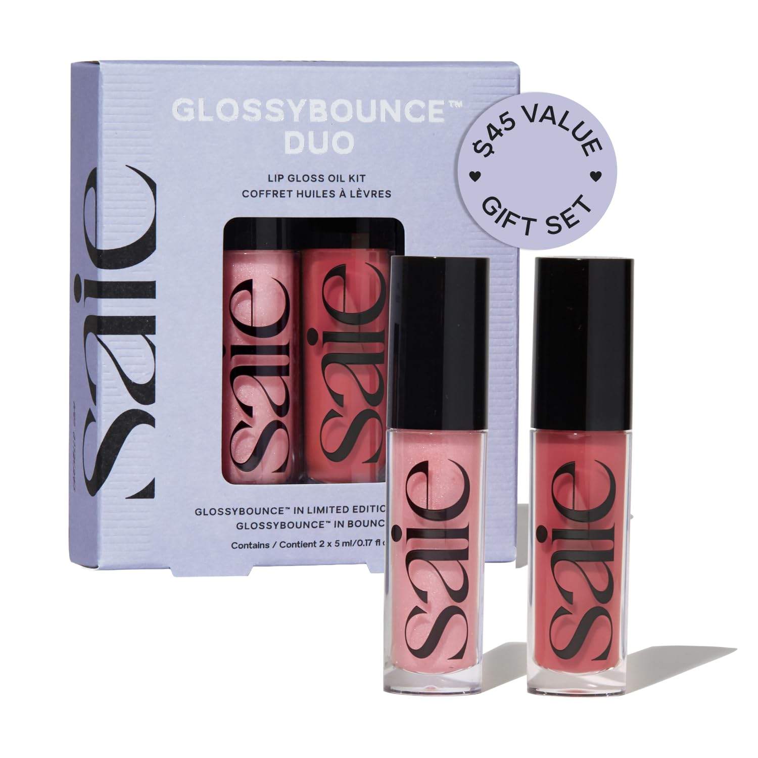 Saie glossybounce front packaging showing tube and label for easy identification and portability