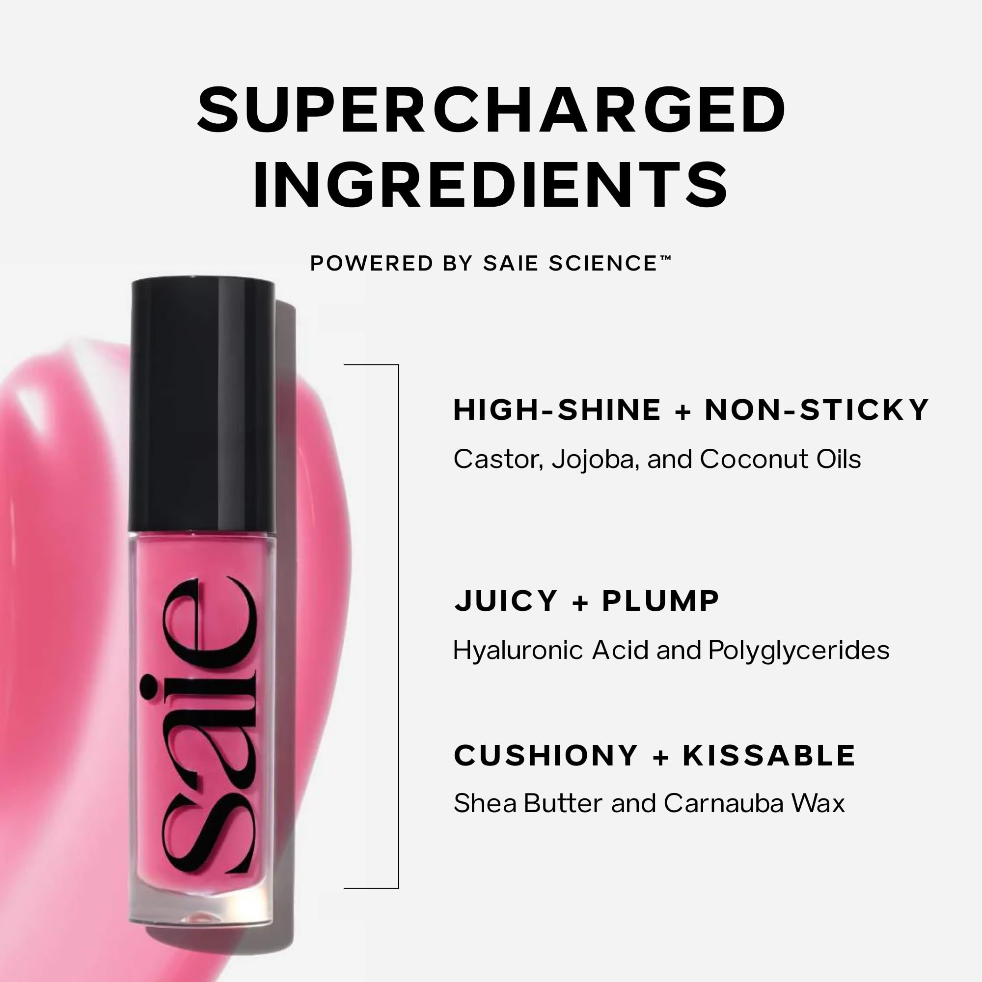 Saie Glossybounce glossy-finish-on-lips captures the high-shine, non-sticky look.